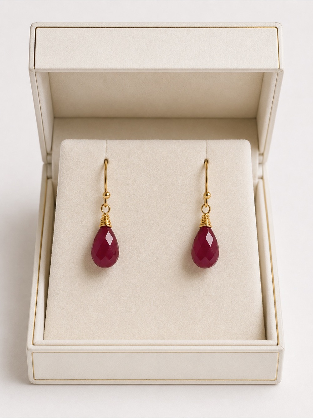 Raspberry Red Agate Faceted Drop Earrings Gold Tone Hooks - Picture 2 of 4